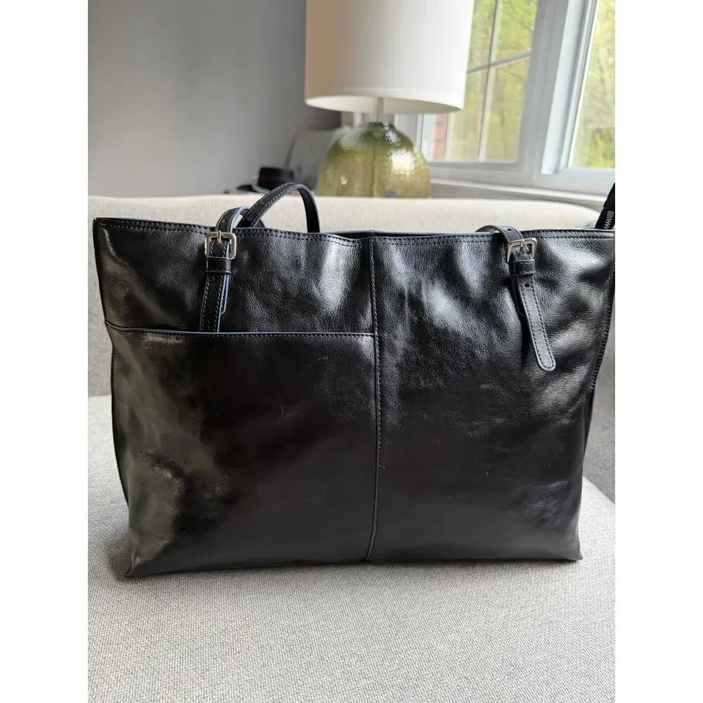Hobo Annalisa Leather Tote Shoulder Bag Black Multi Pockets Office